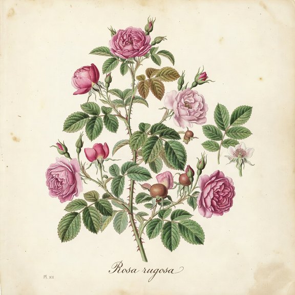 Rugosa Rose botanical plate