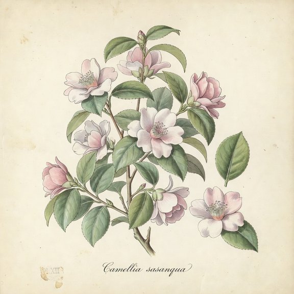 Sasanqua Camellia botanical plate